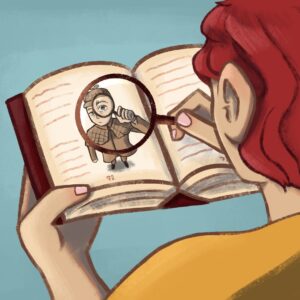 In an article about Agatha Christie's "Murder on the Orient Express," a red-haired person holds a book. They use a magnifying glass to look at the book. In the magnifying glass, an illustration of a detective wearing a hat and big coat holds a magnifying glass looking back at the reader.
