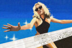In an article about 'Endless Summer Vacation,' Miley Cyrus stands in a black bathing suit. She has blond short hair and wears black sunglasses. Against a blue background, a glimmer of sparkly white goes across the photo.