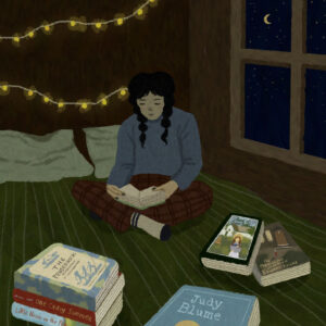 In an article about autumn books, a girl sits with long dark hair sits in a dark room. She is on her bed with twinkly lights on the wall with books scattered on the bed. "The Penderwicks," "Judy Blume", "Little House on the Praires," "