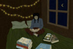 In an article about autumn books, a girl sits with long dark hair sits in a dark room. She is on her bed with twinkly lights on the wall with books scattered on the bed. "The Penderwicks," "Judy Blume", "Little House on the Praires," "