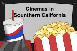 In an article about cinema, a soda bottle and bucket of popcorn sit in front of a movie theater screen that reads "Cinemas in Southern California."