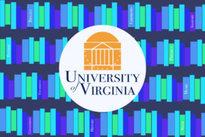 In an article about easy UVA classes, the University of Virginia logo is emblazoned against a vast shelf of blue and green books.