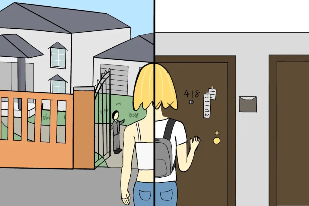 In an article about wealth disparity, a split-screen image contrasts a rich person entering a mansion and a working class person entering their apartment.