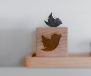 In an article about Brand Twitter, the Twitter logo of a tweeting bird is etched into a wooden block.