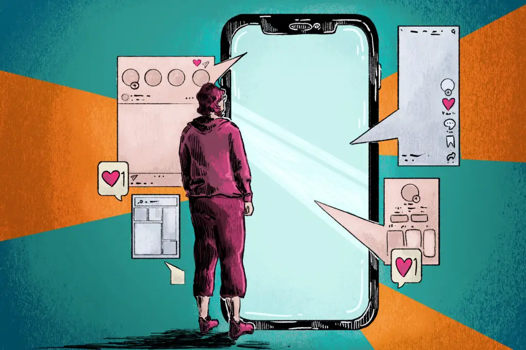 In an article about screen time and cell phone addiction, a person stands and stares blankly at a giant cellphone as notifications appear on screen.