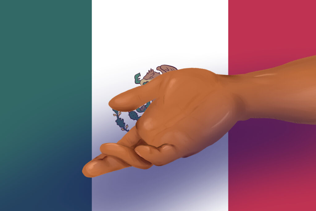 In an article about Mexican American culture and identity, an outstretched hand of invitation covers the emblem of the Mexican flag.