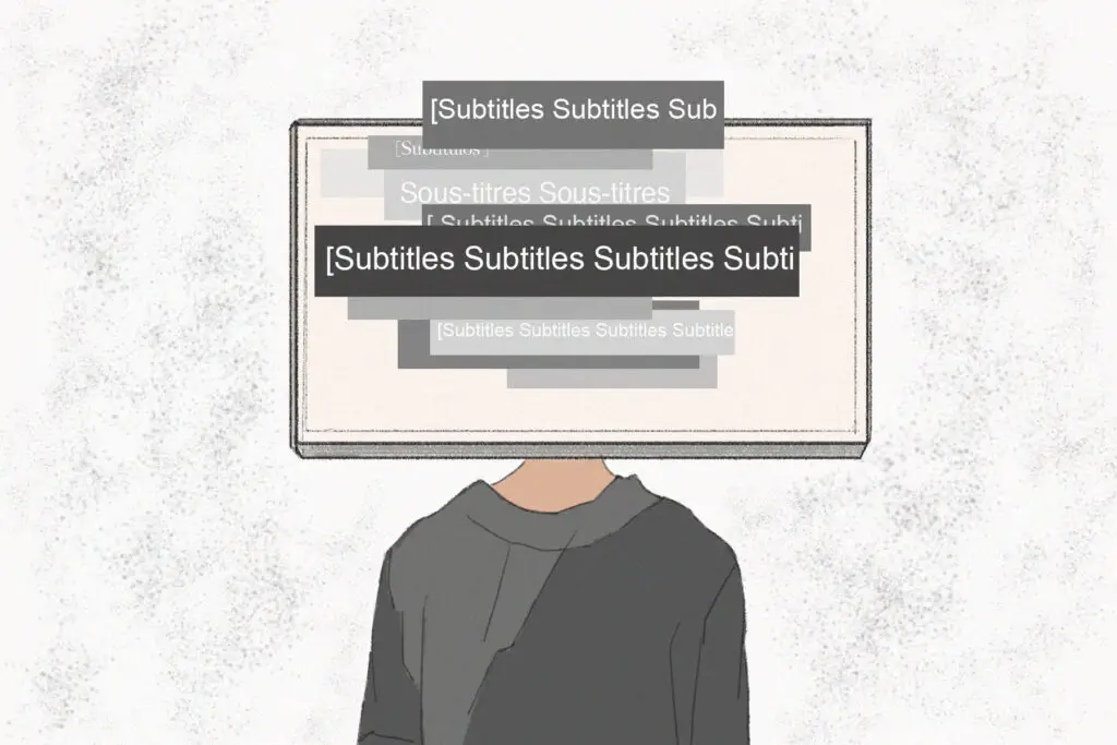 In an article about the impact of subtitles, a person stands with a screen in front of their face. The word "subtitles" is repeated across their face.
