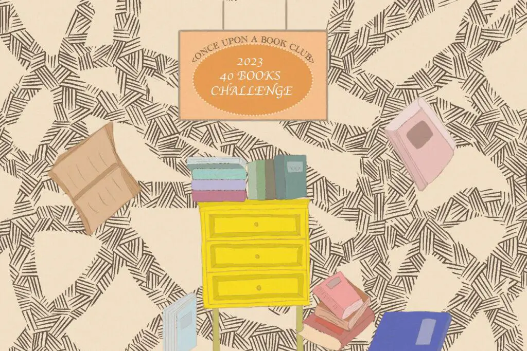 In an article about the Once Upon A Book reading challenge, a stack of books are arranged on a yellow dresser.