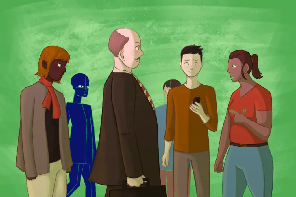 In an article about the future of AI in Hollyowod, a group of people walk around as one blue-toned, computer-constructed figure walks among them in front of a lime green background.