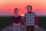 In an article about the hot girlfriend, ugly boyfriend" phenomenon, a woman holds hands with a man wearing a hoodie in fonrt a sunset.