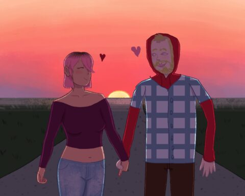 In an article about the hot girlfriend, ugly boyfriend" phenomenon, a woman holds hands with a man wearing a hoodie in fonrt a sunset.