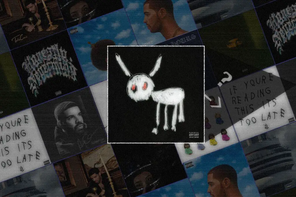 In an article about Drake, a white dog scribbled in chalk sits in a picture-like square.