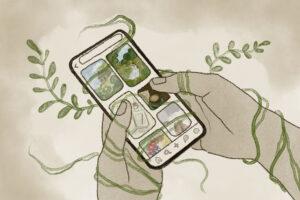 In an article about online aesthetics, vines entangle a person's hand while they hold their phone and scroll through images.