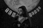In an article about Ariana Grande, the singer is drawn in black-and-white in front of an enormous moon and the words "ten years."
