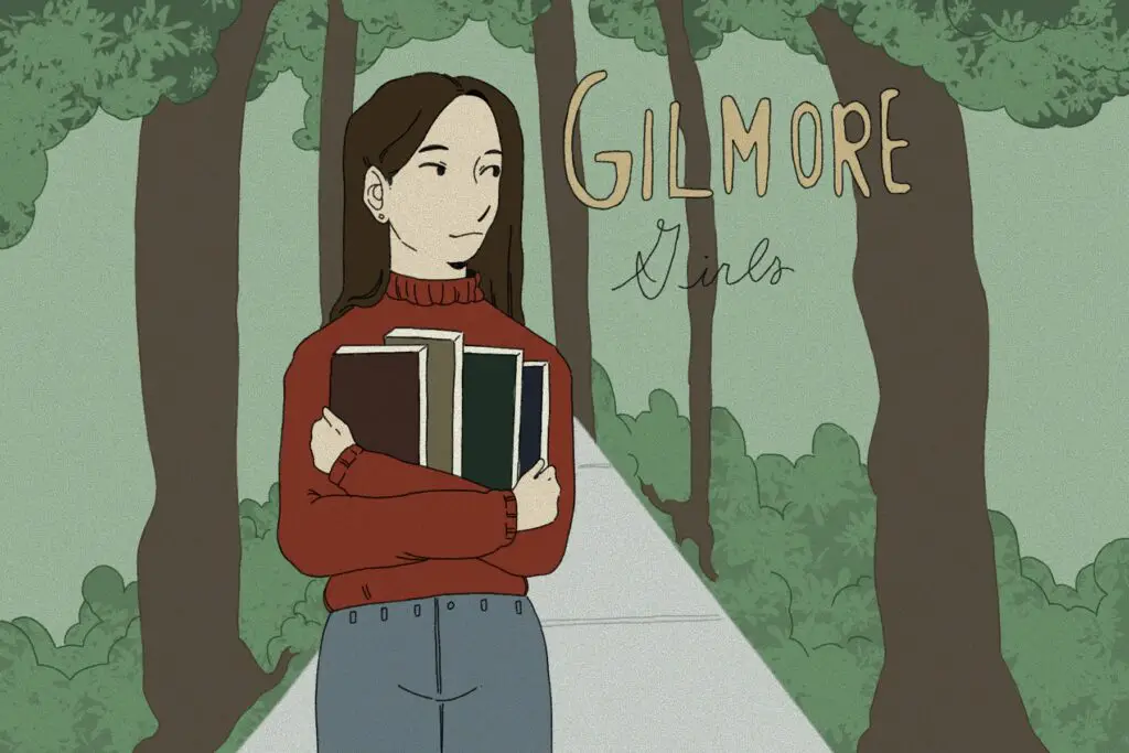 In an article about 'Gilmore Girls,' Rory strolls down a path beneath a canopy of trees and holds her books to her chest.
