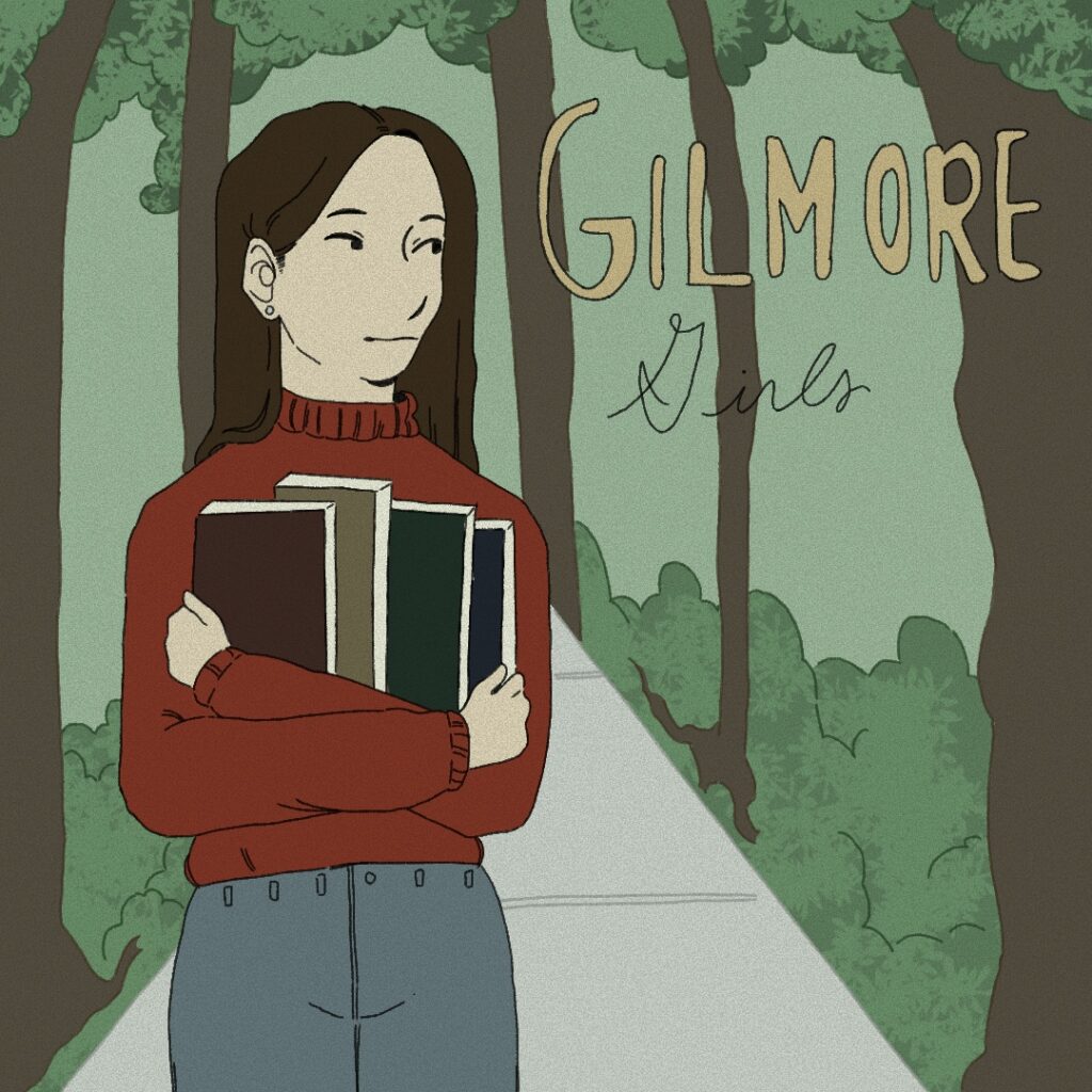 In an article about 'Gilmore Girls,' Rory strolls down a path beneath a canopy of trees and holds her books to her chest.