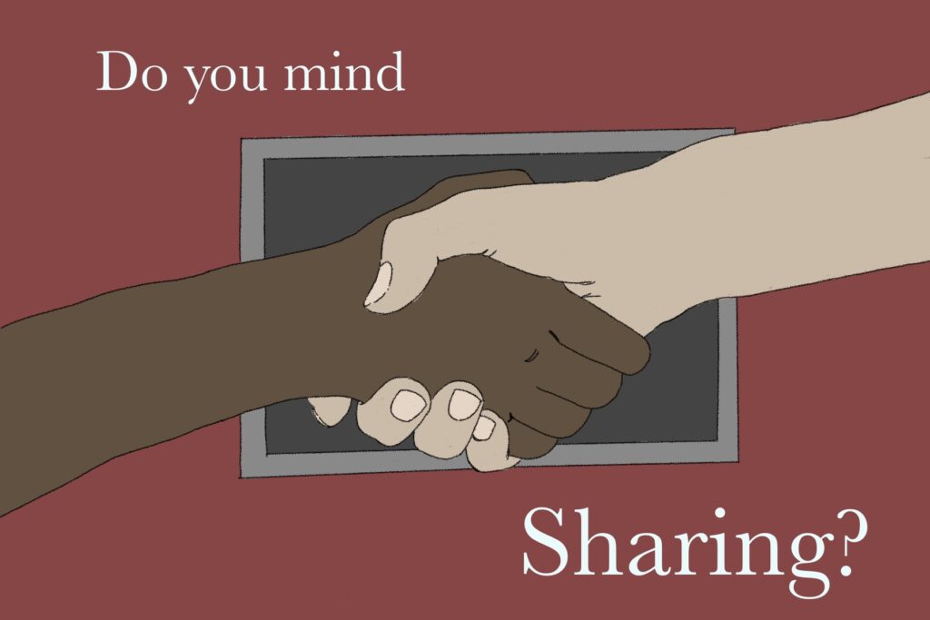 In an article about password sharing, two hands shake in front of a red background. The words "Do you mind sharing?" are across the background.