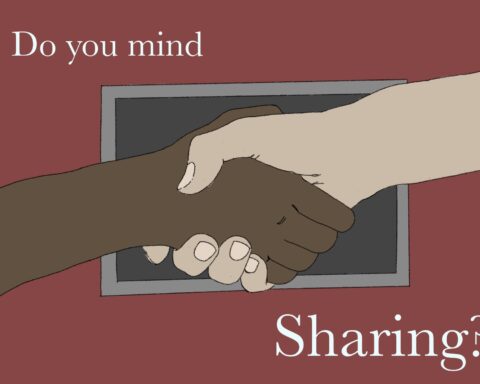 In an article about password sharing, two hands shake in front of a red background. The words "Do you mind sharing?" are across the background.