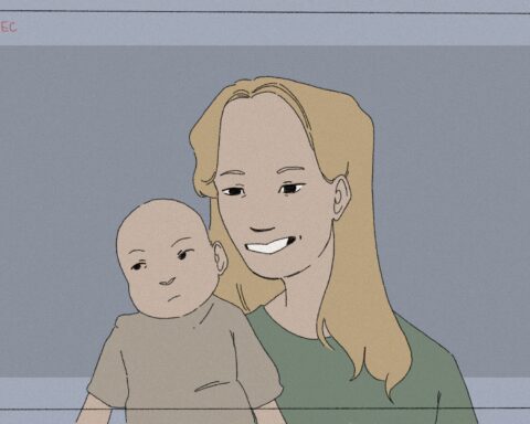 In an article about the Ruby Franke child abuse scandal, a woman with blonde hair smiles as a baby side eyes her.