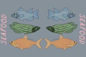 In an article about seafood in Florida, a blue fish, a green fish, and an orange fish are paired with an other. The word "seafood" appears on both sides.