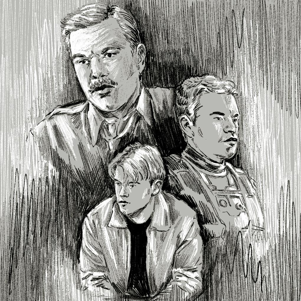 In an article about Matt Damon and Ben Affleck,three versions of Matt Damon, at various ages and from different films, are sketched in black and white.