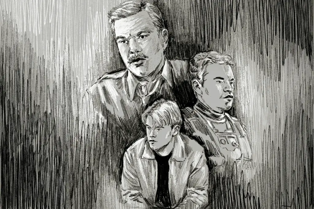 In an article about Matt Damon and Ben Affleck,three versions of Matt Damon, at various ages and from different films, are sketched in black and white.