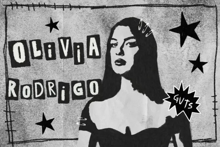In an article about Olivia Rodrigo's punk rock influences, an illustrated girl stands with an off-the-shoulder dress and safety pins in her hair. In cut-out letters, the words "Olivia Rodrigo."