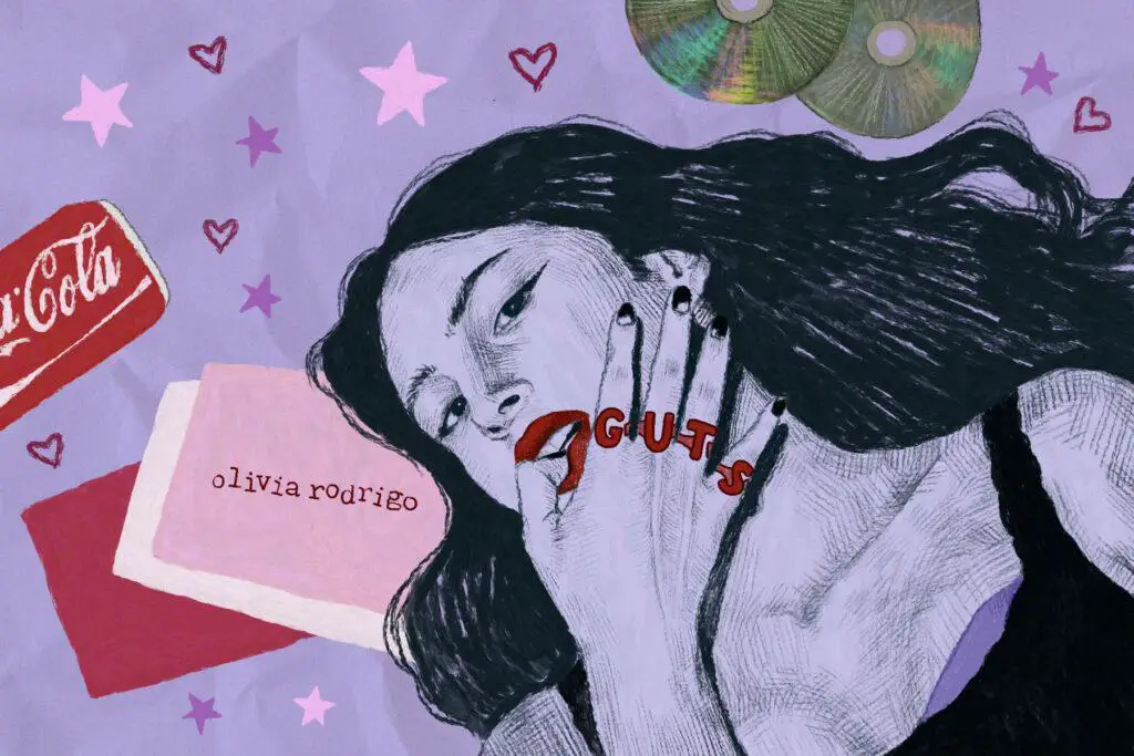In an article about Olivia Rodrigo's album "Guts," a hand-drawn recreation of the album cover. Rodrigo lays against a purple background with a series of rings on her finger, spelling the word "GUTS" in red letters.
