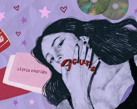 In an article about Olivia Rodrigo's album "Guts," a hand-drawn recreation of the album cover. Rodrigo lays against a purple background with a series of rings on her finger, spelling the word "GUTS" in red letters.