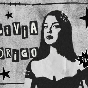 In an article about Olivia Rodrigo's punk rock influences, an illustrated girl stands with an off-the-shoulder dress and safety pins in her hair. In cut-out letters, the words "Olivia Rodrigo."