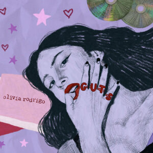 In an article about Olivia Rodrigo's album "Guts," a hand-drawn recreation of the album cover. Rodrigo lays against a purple background with a series of rings on her finger, spelling the word "GUTS" in red letters.