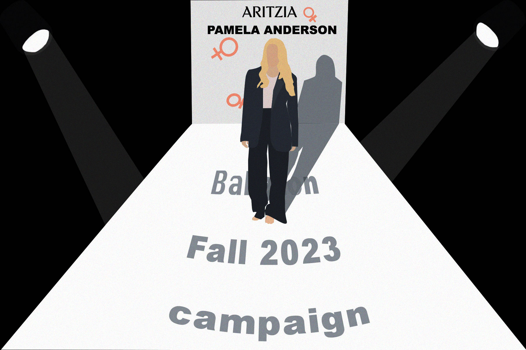 In an article about Pamela Anderson, the actress wears a black suit and stands on a white carpet that reads "Baywatch Fall 2023 Campaign."