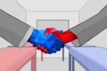 In an article about roommate tips, a red hand shakes a blue hand in front of a blue bed and a red bed.