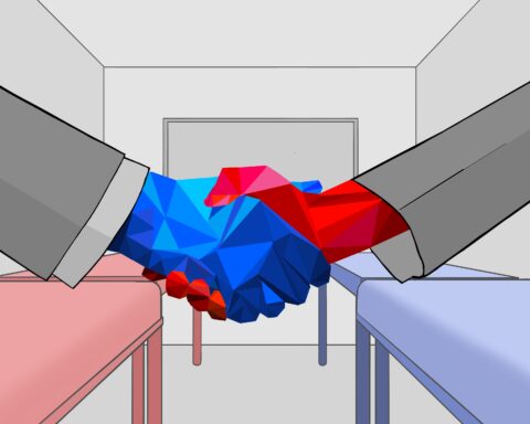 In an article about roommate tips, a red hand shakes a blue hand in front of a blue bed and a red bed.
