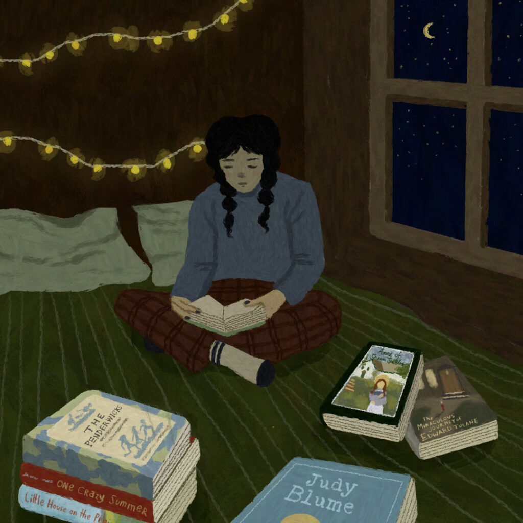 In an article about autumn books, a girl sits with long dark hair sits in a dark room. She is on her bed with twinkly lights on the wall with books scattered on the bed. "The Penderwicks," "Judy Blume", "Little House on the Praires," "