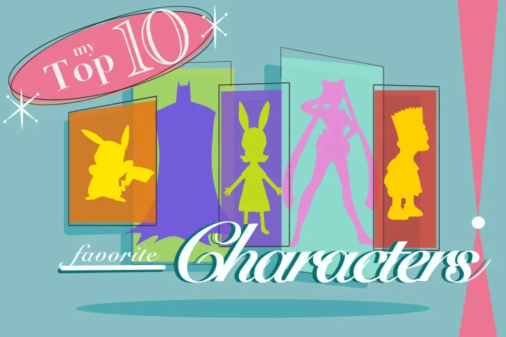 In an article about top ten characters, a brightly colored collection of character shillouettes. Pokemon in yellow, batman in purple, louise belcher in green, sailor moon in pink, and bart simpson in yellow.