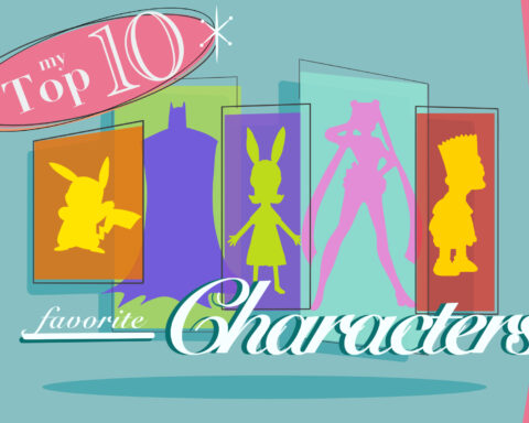 In an article about top ten characters, a brightly colored collection of character shillouettes. Pokemon in yellow, batman in purple, louise belcher in green, sailor moon in pink, and bart simpson in yellow.