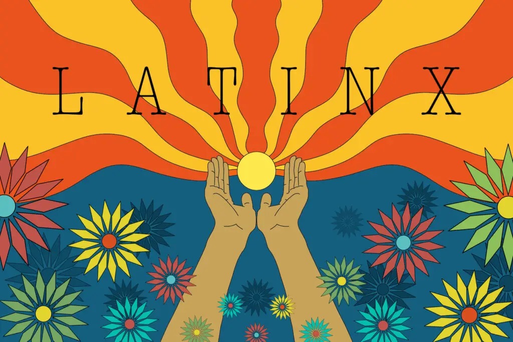 In an article about Latinx History Month, two hands carry a sun while rays and flowers surround.