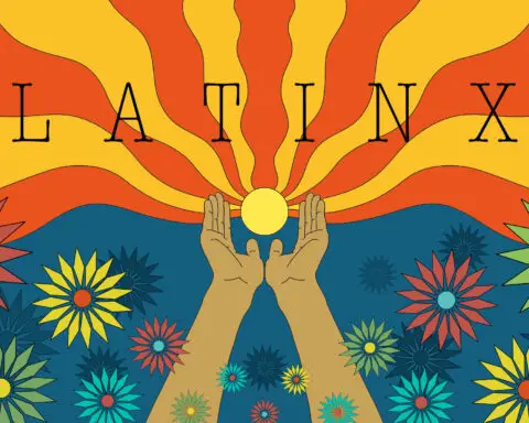 In an article about Latinx History Month, two hands carry a sun while rays and flowers surround.