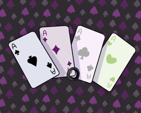 In an article about the asexual representation of "Aces Wild," a hand of Ace cards is on display in black, purple, pink, and green.