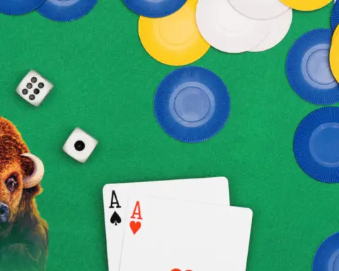 In an article about online poker 2 aces and chips on a poker table.