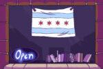 In an article about Chicago bookstores, the state flag of Chicago flies above a shelve of books as a neon "open" sign glows.
