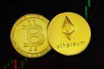 In an article about digital currency a gold ethereum and bitcoin coin.