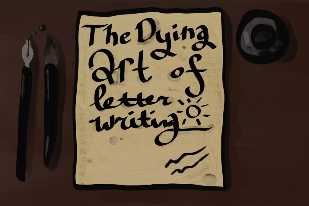 In an article about letter writing, a piece of parchment, an ink pot and two brushes lay on a wooden table.