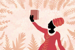 In an article about 'Parable of the Sower,' a woman in a red dress wears a red turban and carries a book while surrounded by a border of leaves.