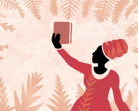 In an article about 'Parable of the Sower,' a woman in a red dress wears a red turban and carries a book while surrounded by a border of leaves.