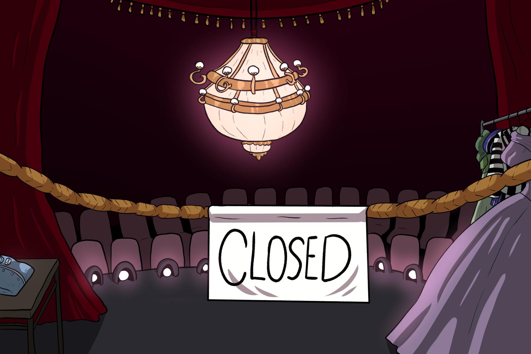 In an article about the recent theater closure. a chandelier shines in center in front of an empty theater. The words "closed" are written on a sheeet.