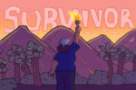 In an article about Survivor, a person stands in a blue shirt holding a torch. They face the mountain range and the word "Survivor" is written in the sky.