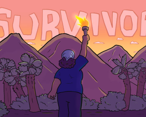 In an article about Survivor, a person stands in a blue shirt holding a torch. They face the mountain range and the word "Survivor" is written in the sky.