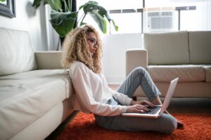 In a story about essay writing a woman on her laptop